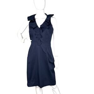 Lauren Ralph Lauren Ruffle V-Neck Side Pockets Sheath Dress Navy Blue Size 6